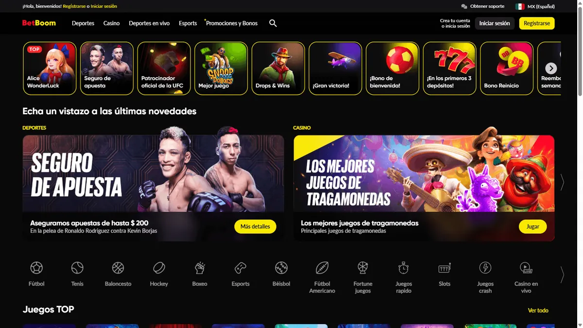 Página inicial da BetBoom com menu de esportes e cassino