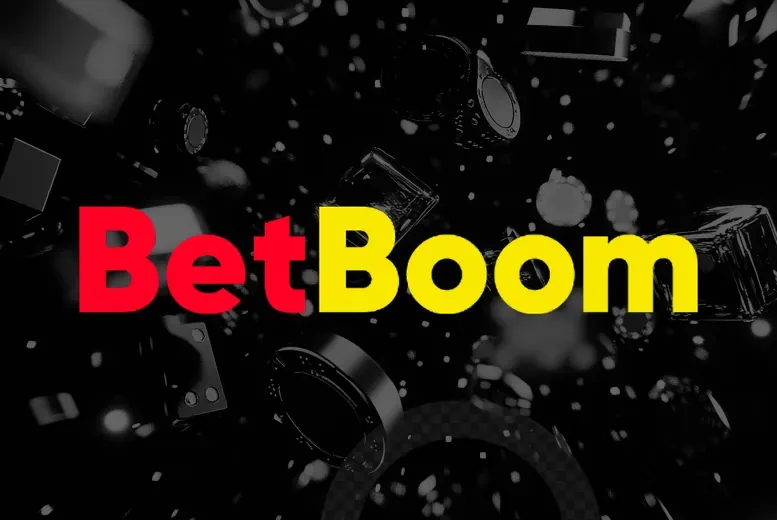 Logotipo BetBoom com fichas e dados em tons escuros